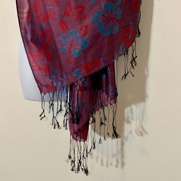 Purple Blue Red Floral Pattern Pashmina Shawl Wrap Scarf Fringe/Tassels - Picture 4 of 4